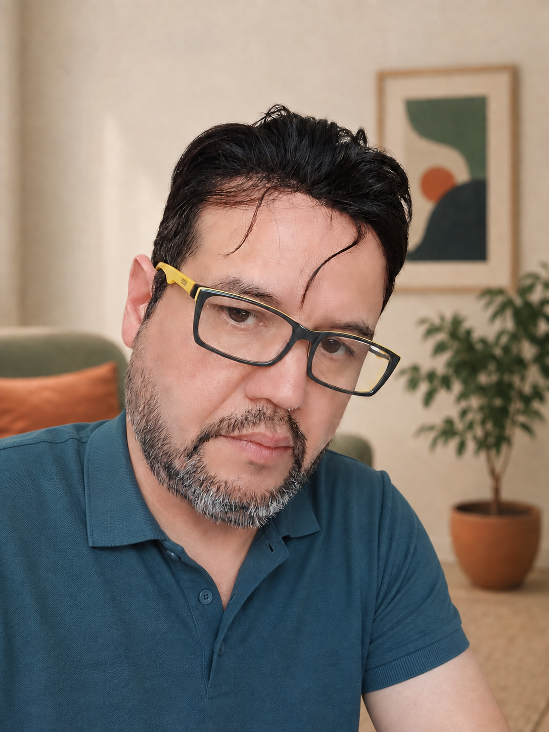 Retrato natural de Luis Alberto Díaz con lentes y polo azul petróleo
