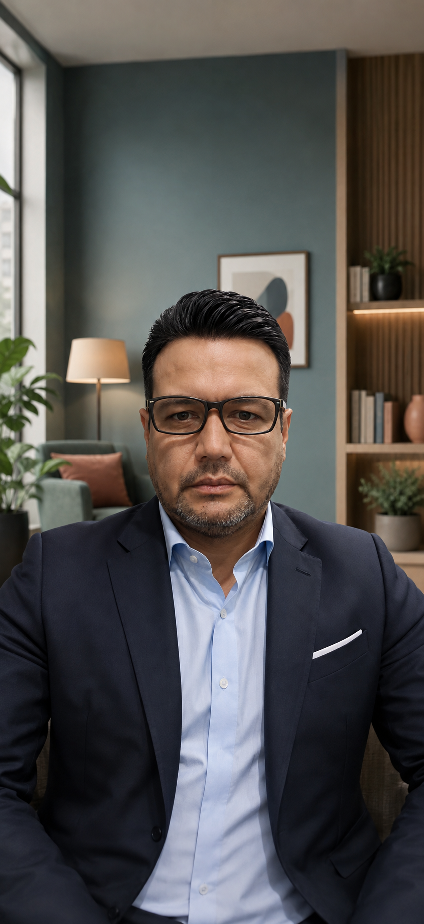 Luis Alberto Díaz, Psicólogo Clínico, con saco azul oscuro y lentes